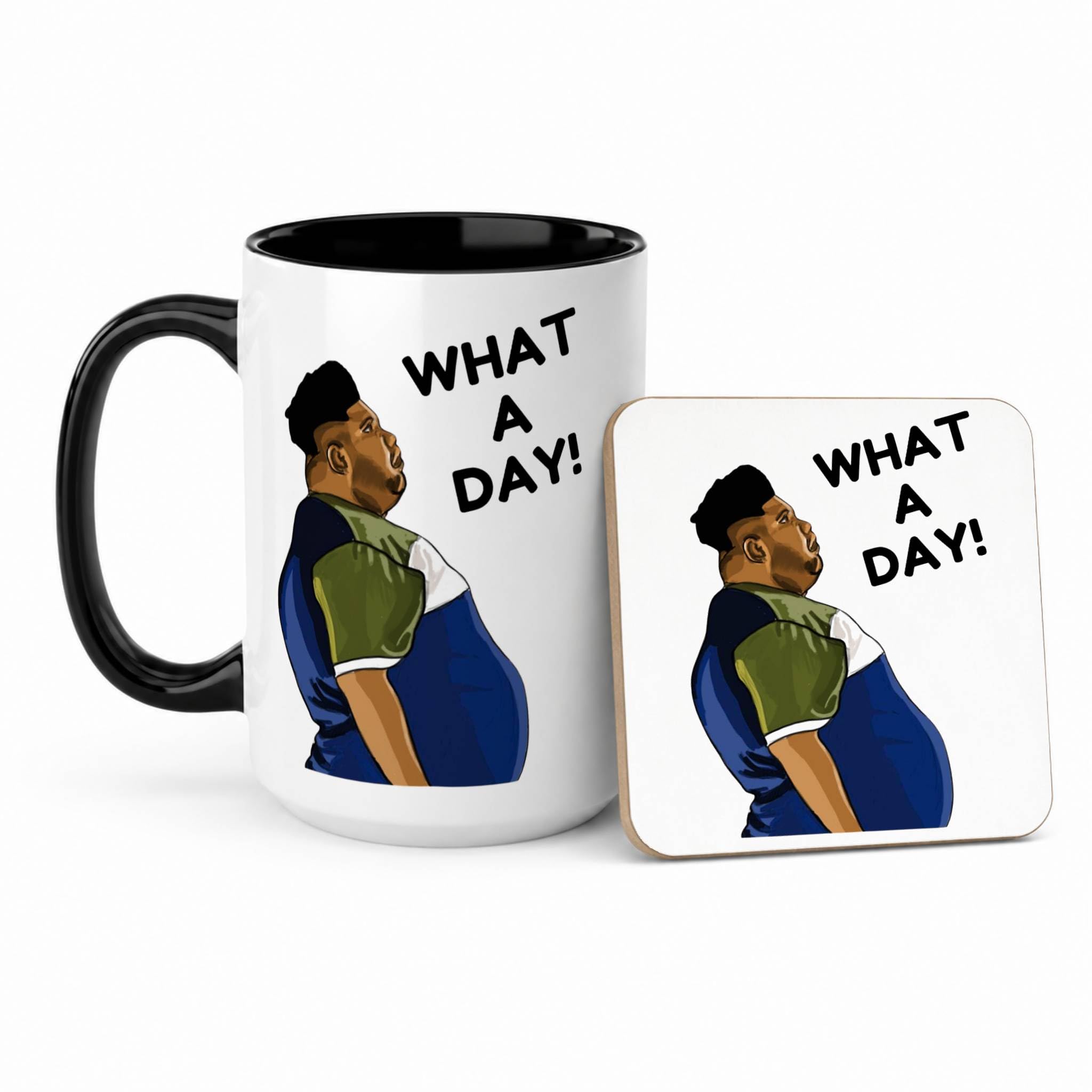 Funny What A Day Work Mug, Novelty Harvey Price Viral Meme, Office Humour Coffee Cup, Bad Day Mug, Gift for Colleague, Friend, Him or Her (Mug & Coaster Set, 15oz Black)