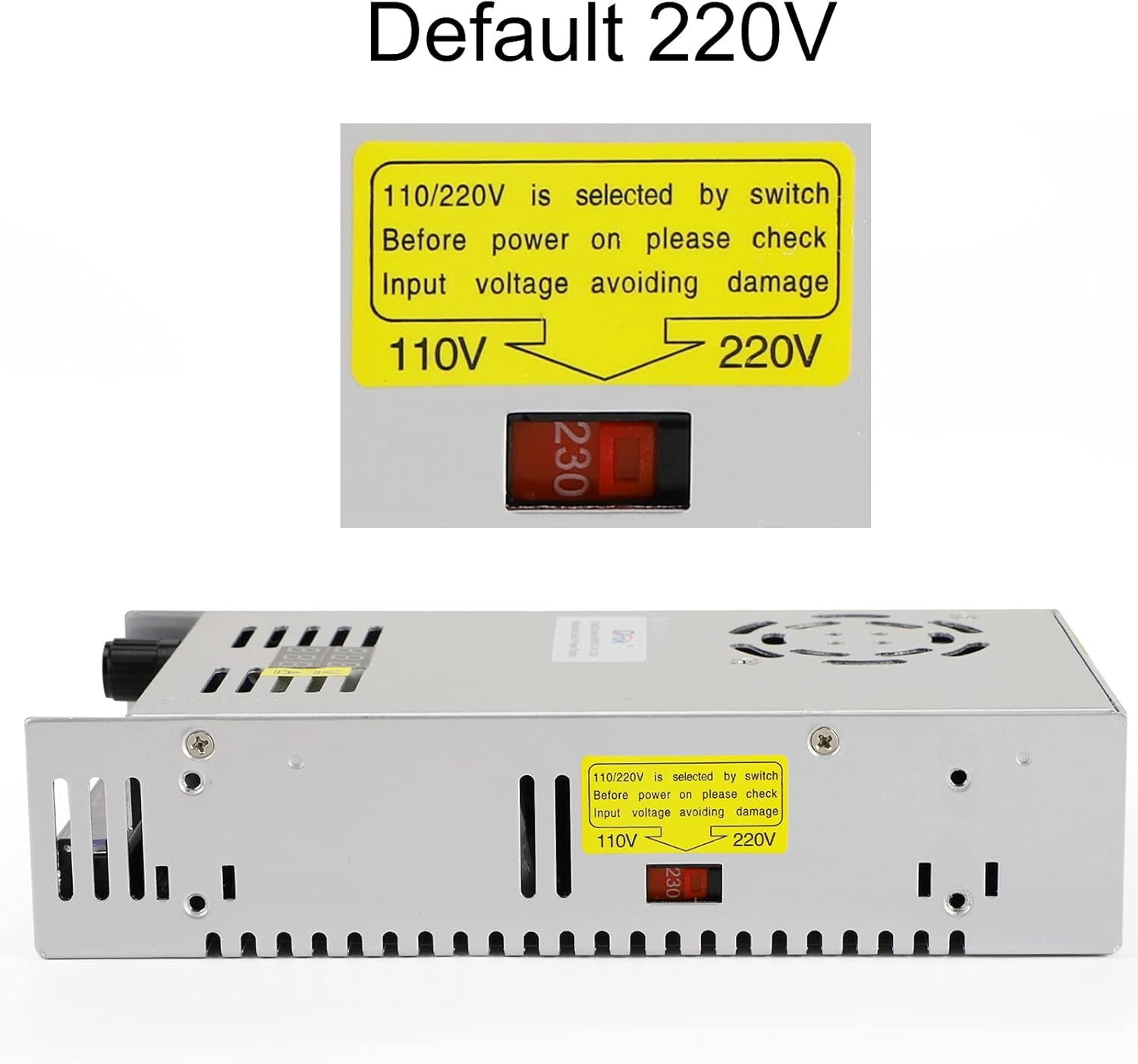 Input voltage selection switch set to 220V, with labels for 110V and 220V options.