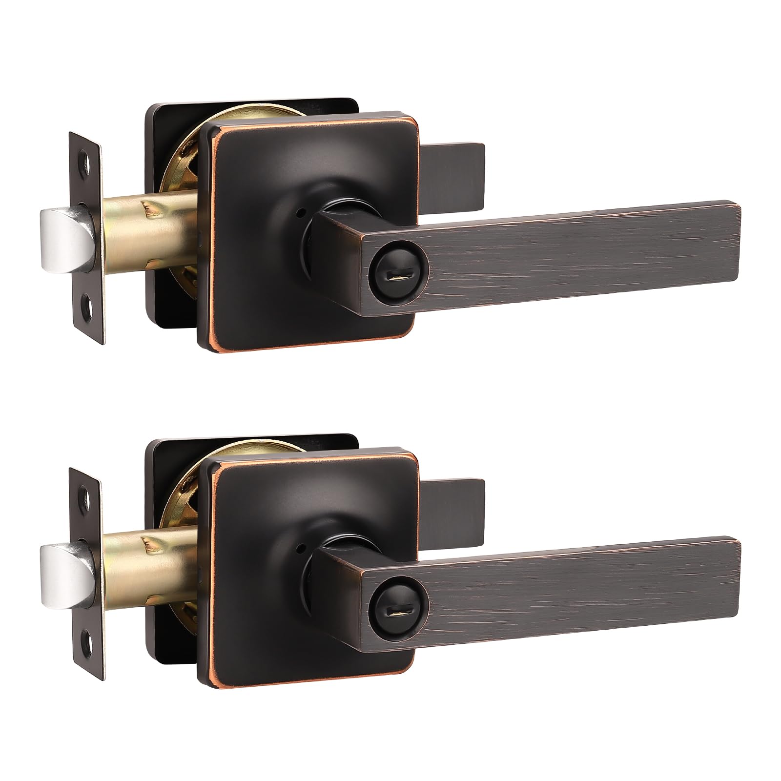 GOBEKOR 2 Pack Privacy Lever Door Handle Oil Rubbed Bronze Door Levers Bedroom Door Handle with Lock Modern Straight Door Lever Keyless Door