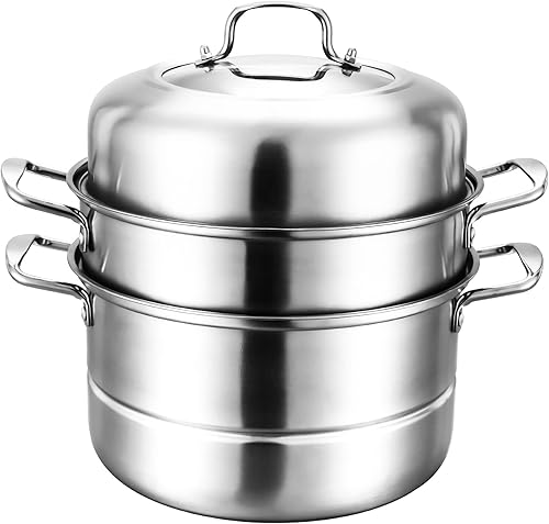 WUWEOT Olla de vapor de 11 pulgadas, olla de vapor de acero inoxidable de 3 niveles, utensilios de cocina Dim Sum, sartén de cocina para alimentos y