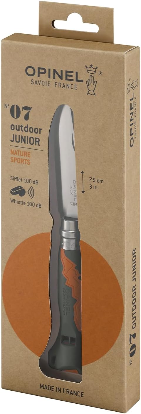 Outdoor Junior No. 07 Stainless Steel Folding Knife with Safety Rounded Tip, Integrated Whistle, Made in France