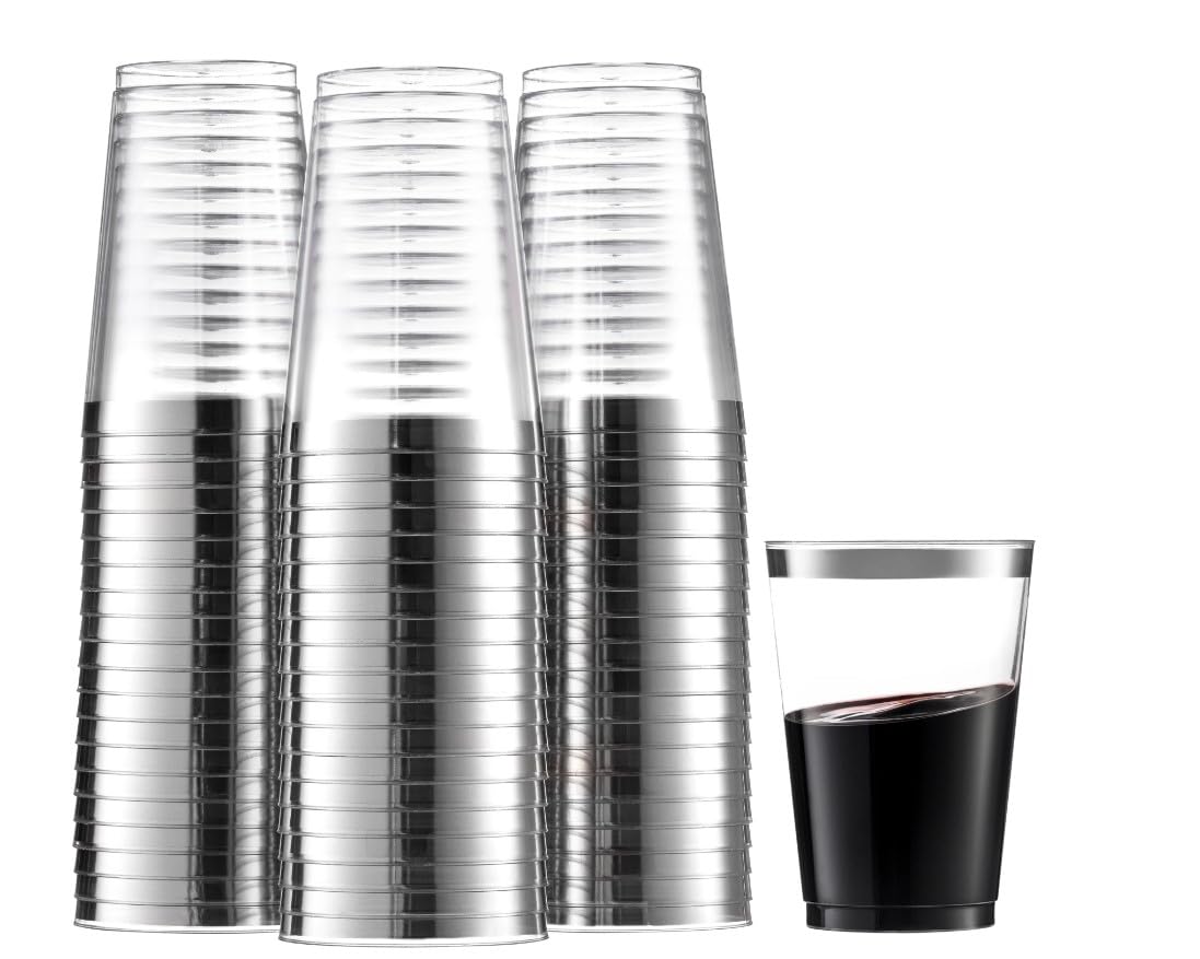 DECORLINE Bicchieri di plastica riutilizzabili Set da 50 pezzi 280 ml | Bicchieri infrangibili, senza BPA | Ideale per cocktail, acqua, vino rosso e vino bianco - Trasparente con bordo Argento