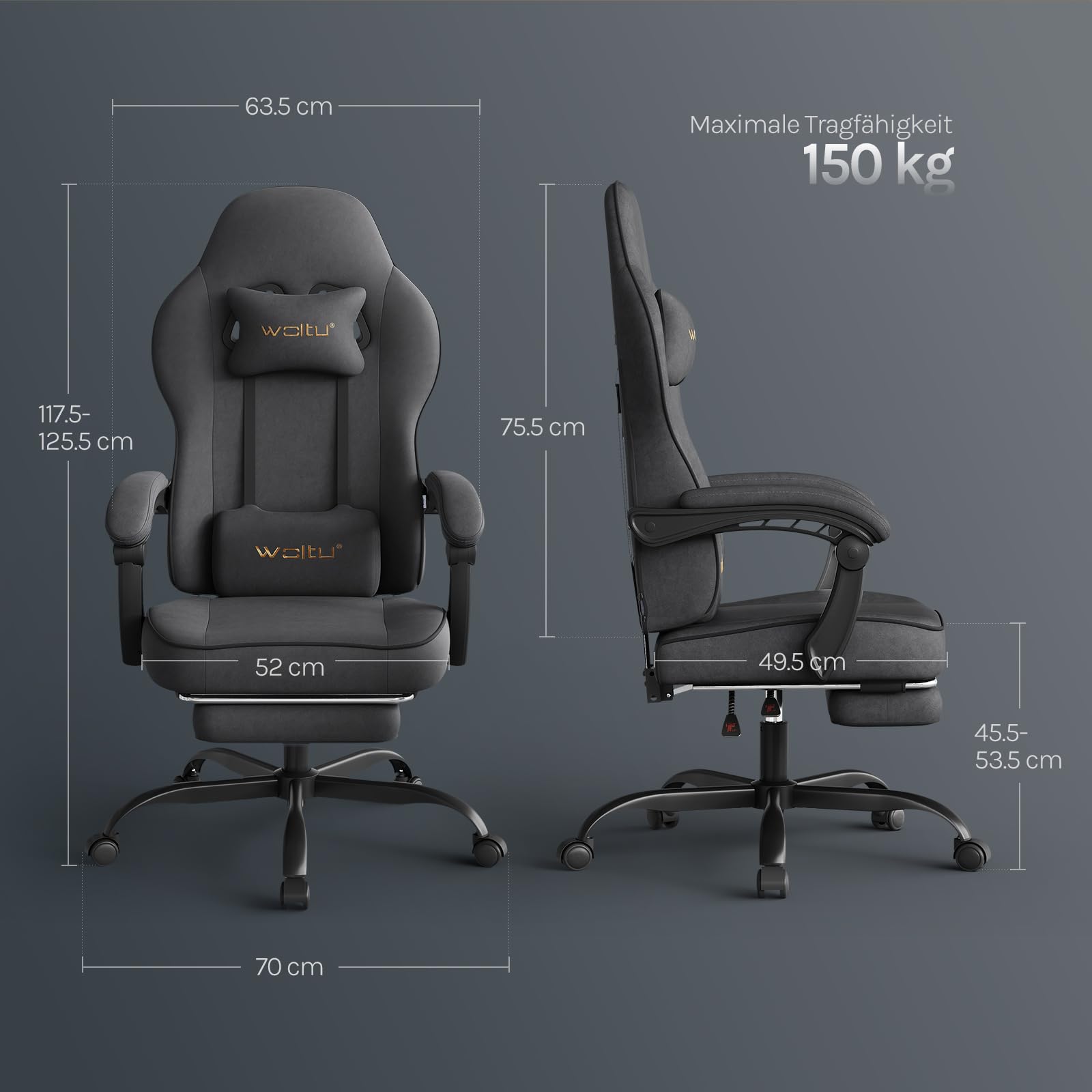 WOLTU Gaming Stuhl Stoff mit Bequemlichkeit Federunterlage, Kühl im Sommer, Gamer Chair Sessel Hohe Belastbarkeit ergonomischer mit Kopfkissen, Lendenkissen, Fußstütze, Tech-Stoff, Grau