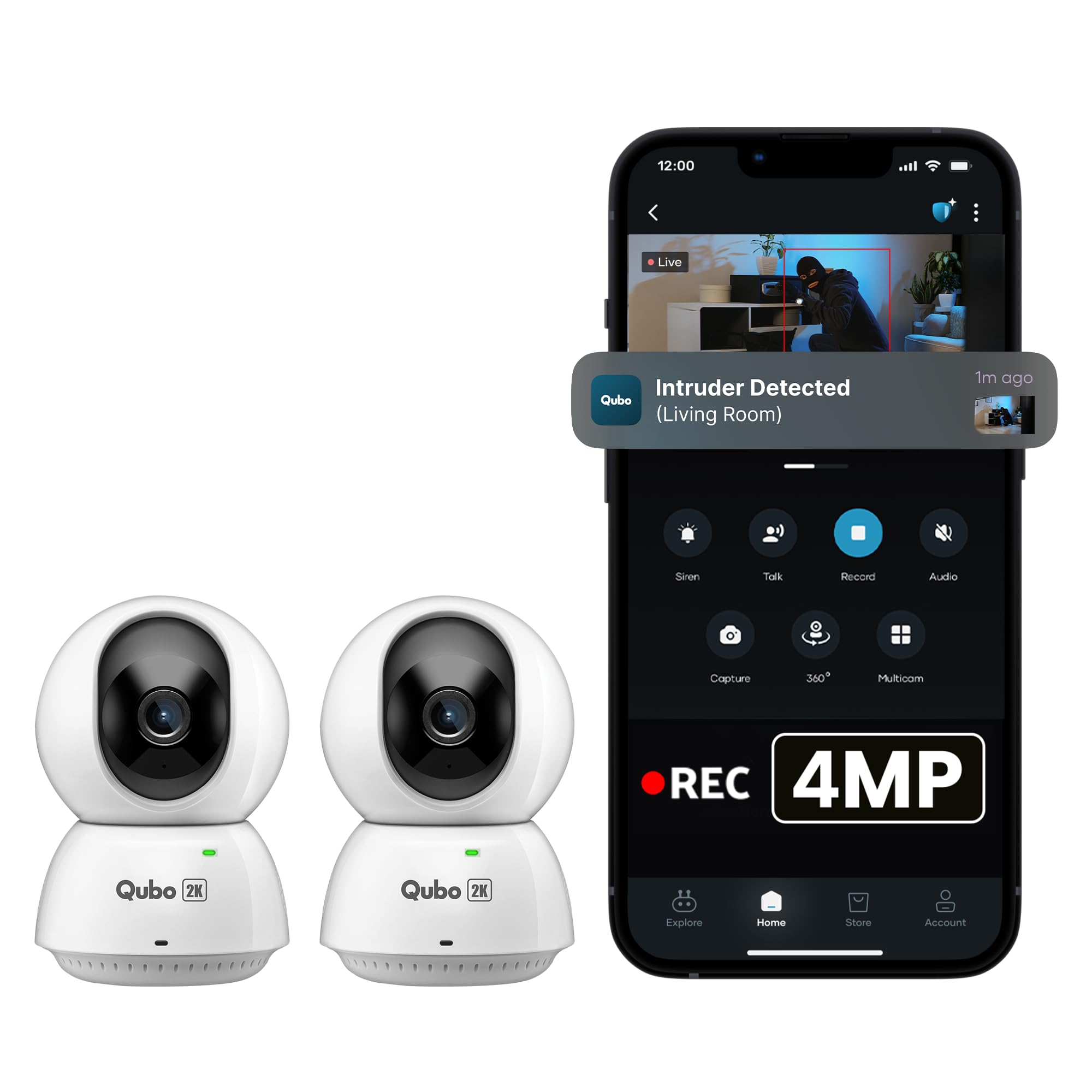 Qubo Smart 360 Ultra 2K 4MP 1440p WiFi CCTV Security Camera for Home from Hero Group | Mobile App | Two Way Talk | Night Vision | Cloud & SD Card Recording | Made in India | Alexa & OK Google |