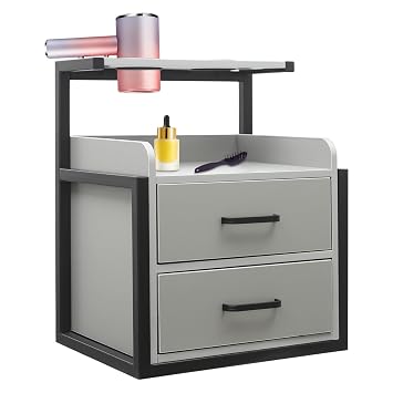 Wall Mounted Salon Cabinet with 2 Drawers & Hair Dryer Stand - Classic Storage Station for Beauty Salon Equipment,Wall Organization in Salon,Bedroom Black+Grey