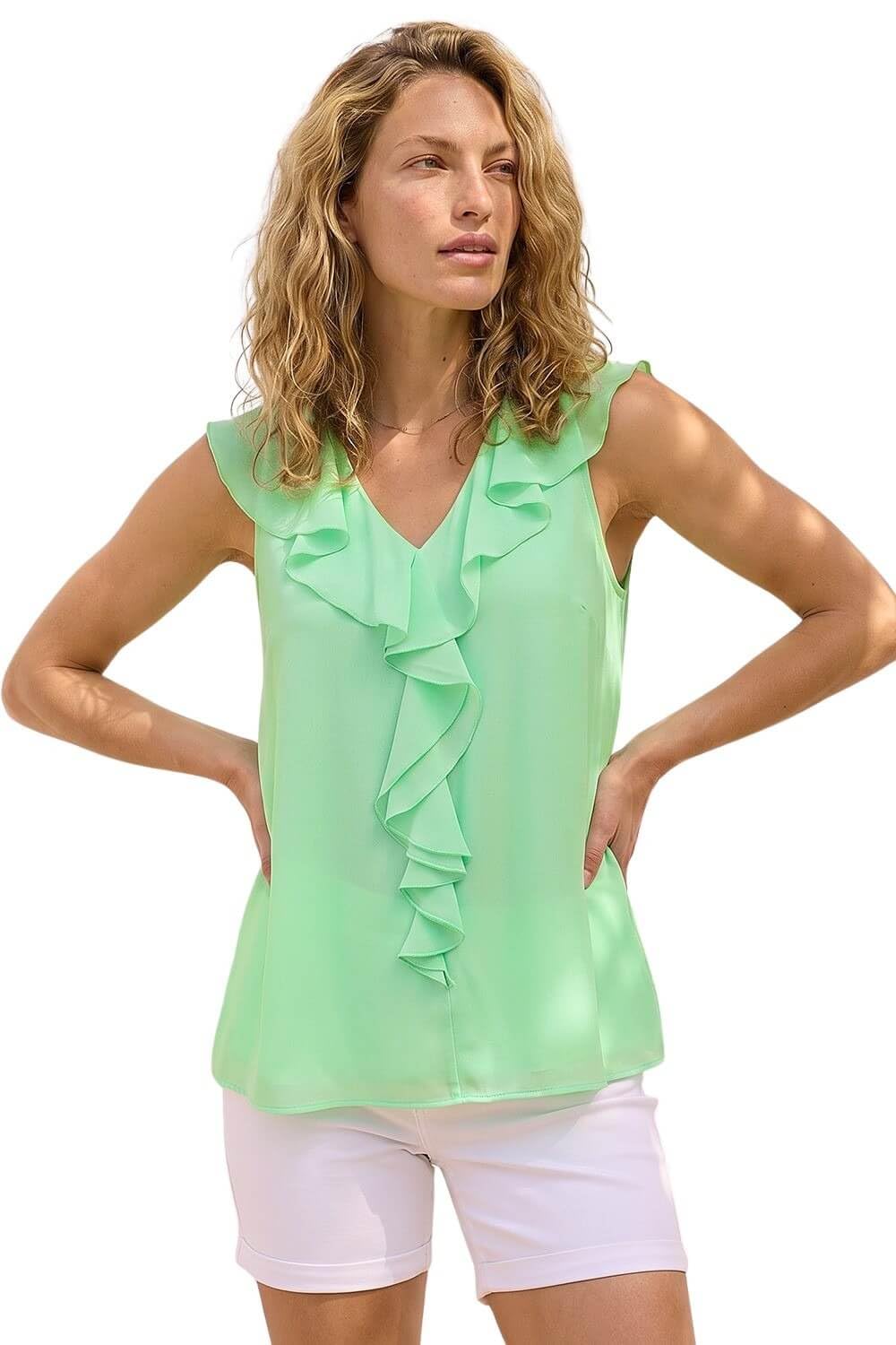 Roman Women's Chiffon Ruffle Vest Top in Mint | Size: 12