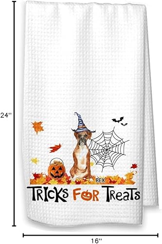 Miniatura 5 de Tricks for Treats Boxer - Toalla de cocina de Halloween, decoración de perro boxeador de otoño (toalla blanca, boxeador con nombre)