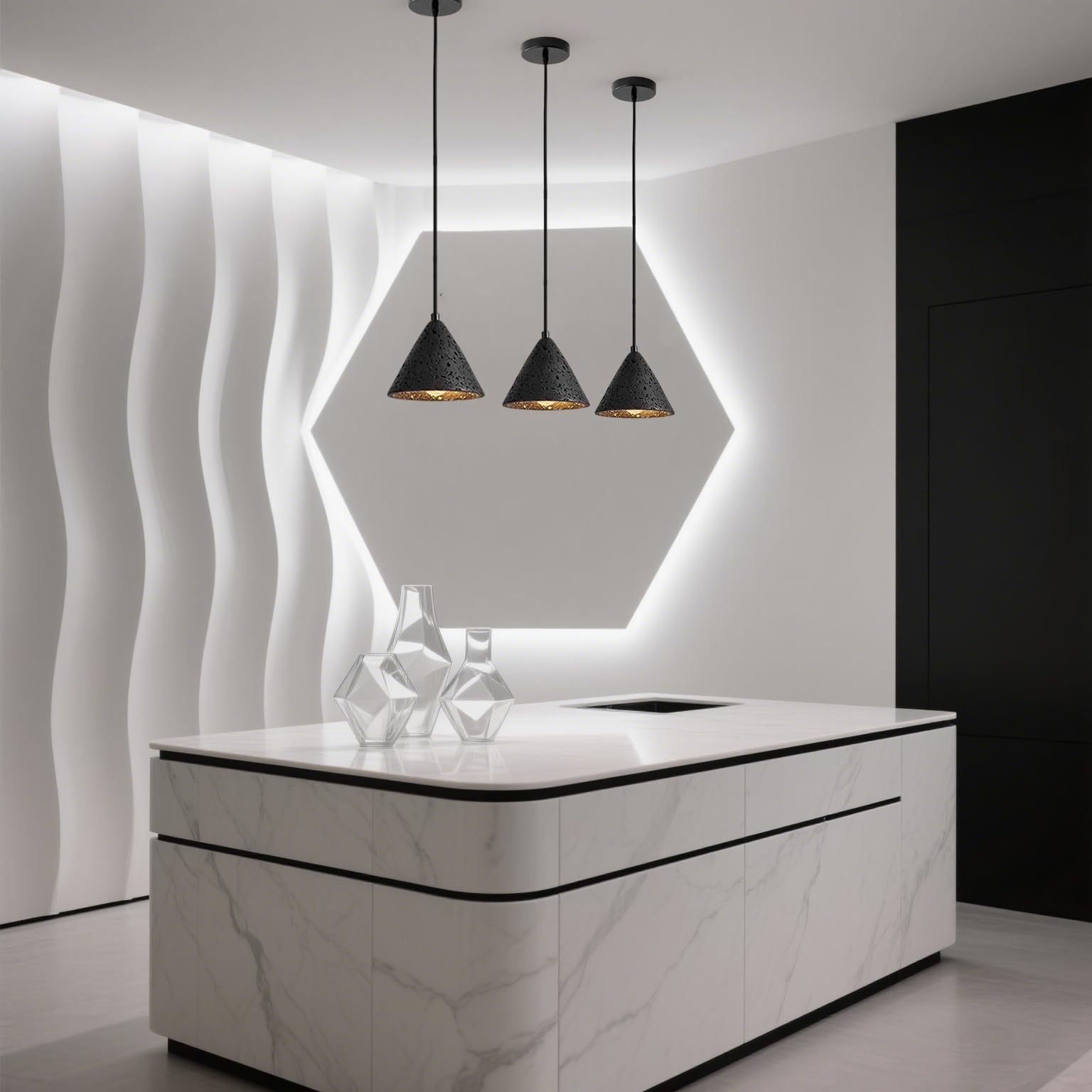 Lampada a sospensione a cono nero, lampada a moderna regolabile for isola cucina, apparecchio di illuminazione a soffitto sospeso in pietra nera naturale industriale