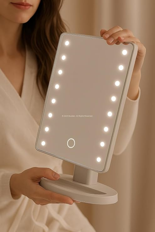 Busstier Led Lighted Makeup Mirror Touch Table Top Mirror with Adjustable Playing Head with 3 Light Modes White Light Daylight Warm Light
