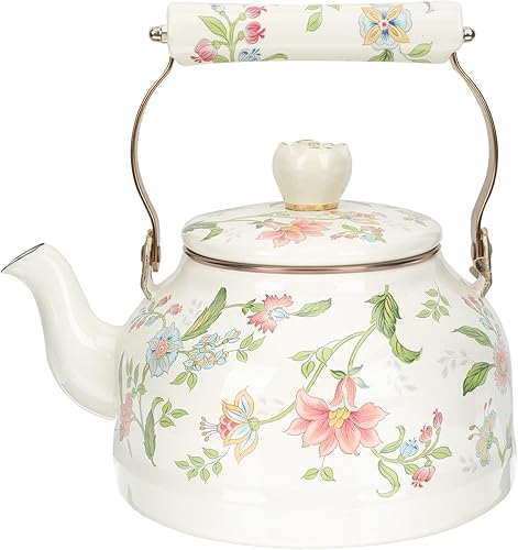 Luxshiny Tetera esmaltada de 2.5 L, hervidor de agua floral vintage, hervidor de café esmaltado de porcelana, hervidor de agua de fondo plano,