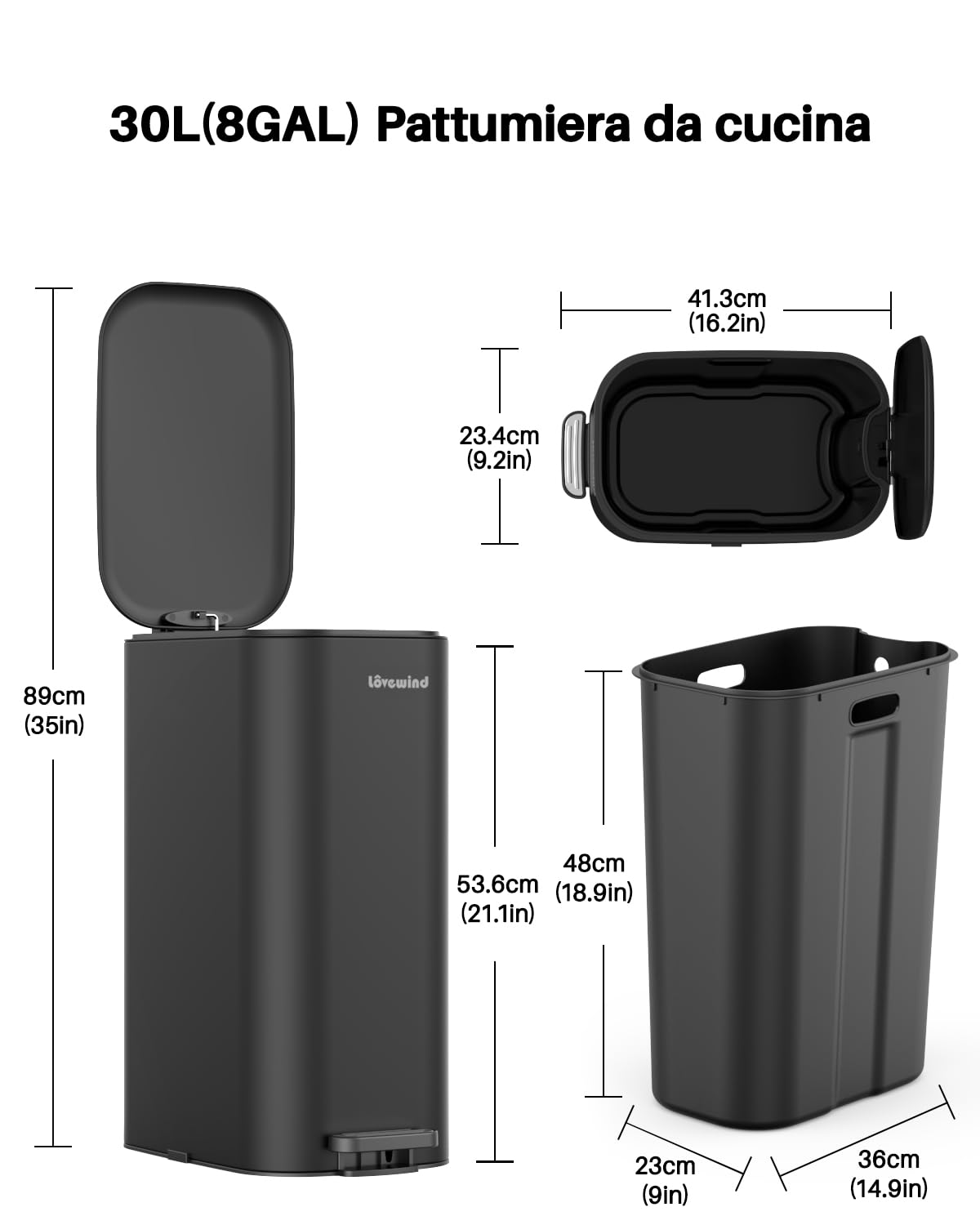 lovewind Cestino Metallico Stretto 30L con Pedale, Coperchio Silenzioso a 90°, Secchio Interno Rimovibile con Doppie Maniglie e Fori per Sacchi, Design Compatto per Cucina, Ufficio, Soggiorno