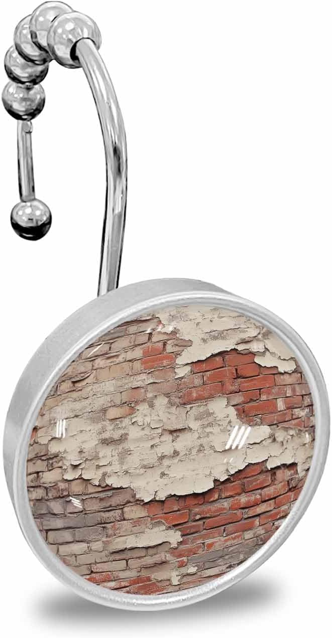 Shower Curtain Hooks Set of 12 Rustic Mottled Brick Wall Retro Crystal Glass Shower Curtain Rings for Bathroom Decorative Stainless Steel Rust Proof Roller Shower Curtain Hangers