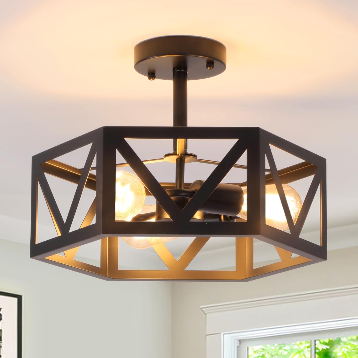 Semi Flush Mount Ceiling Light Fixture,Industrial Close to Ceiling Light with Black Metal Hexagon Cage Ceiling Lighting for Kitchen,Hallway,Bedroom,Living Room(3-Light)