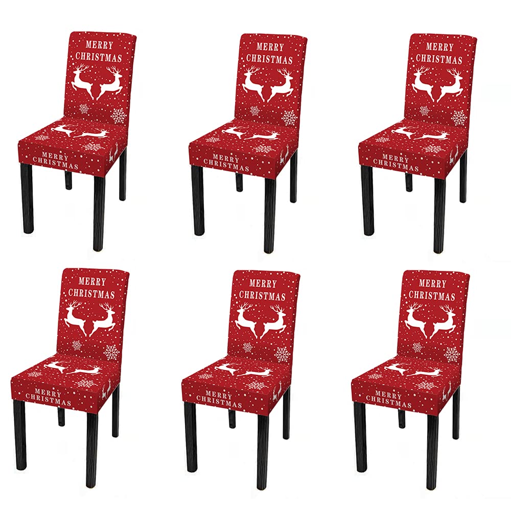 XMNTG Set of 6 Merry Christmas Newest Christmas Chair Slipcovers Deer Printed Chair Covers Christmas Decor Removable Chair Covers Non Slip Washable Furniture Protector for Dining Room
