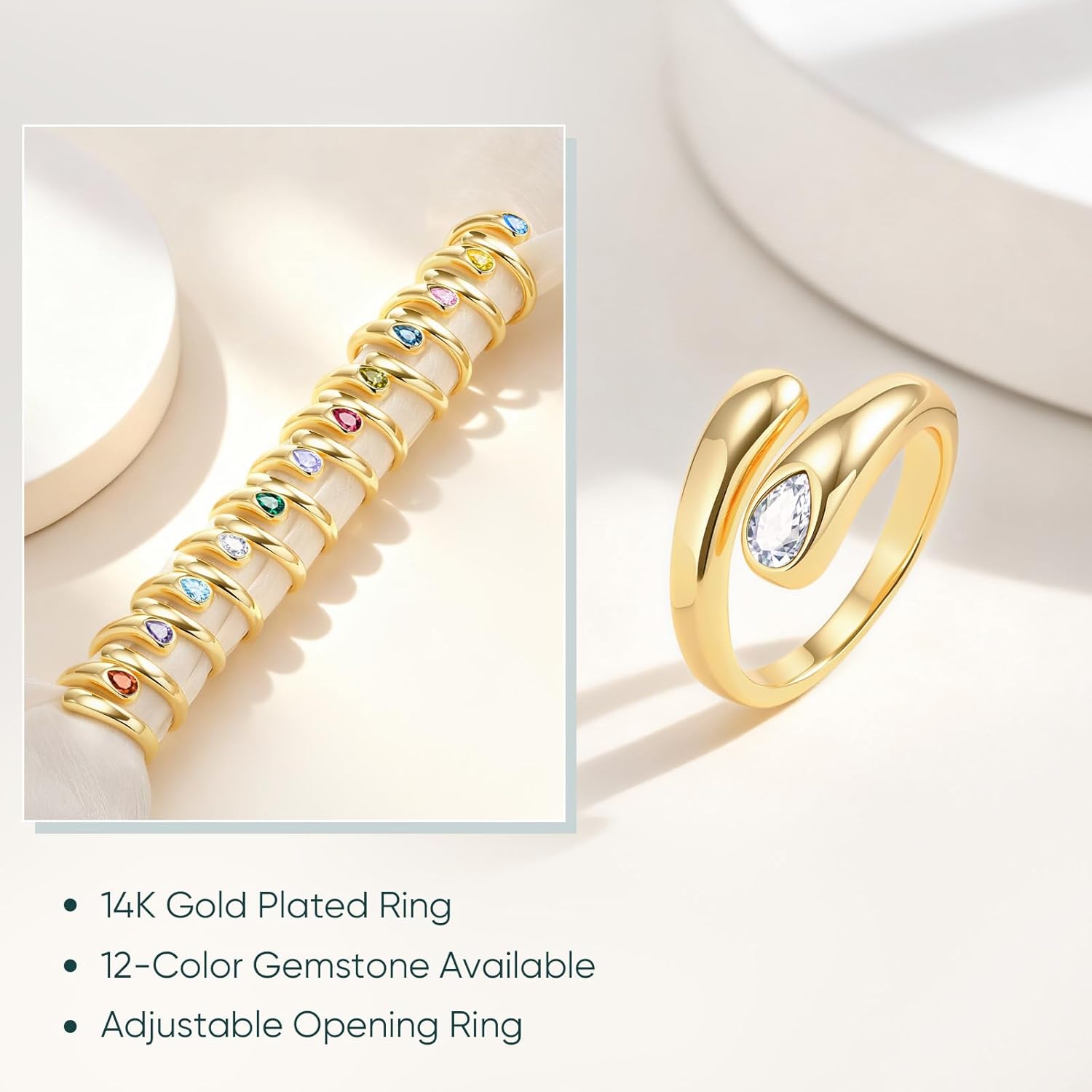 Goxygen Gold Chunky Ring for Women - 14k Gold Plated Adjustable Open Statement Rings Teardrop Cubic Zirconia Trendy Stackable Band Rings Jewelry Gifts for Her - Image 5