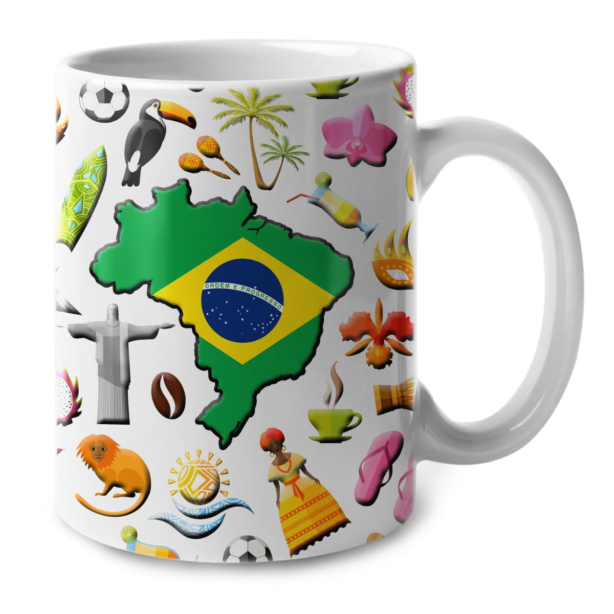 Lotacy Brazil Symbols Coffee Mug With Map Flag, Brazil Flag Ceramic Mug 11 oz Coffee Mug, Brazil Souvenir and Gifts, Gift Idea for Brazilian Men and Women