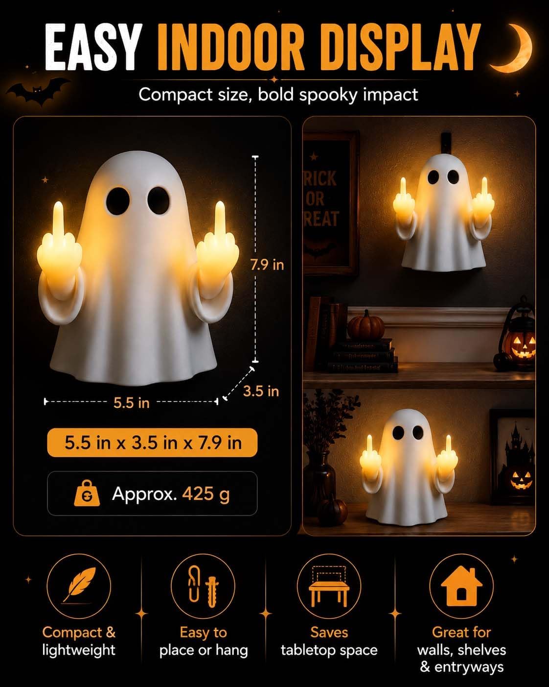 Leuchtender Geist mit Mittelfinger, Nachtlicht Halloween Geisterlampe, 3D Mittelfinger Niedliches Geister, Lustige Wandlampe Deko für Zuhause, Schlafzimmer, Streich Geschenke (2PCS)