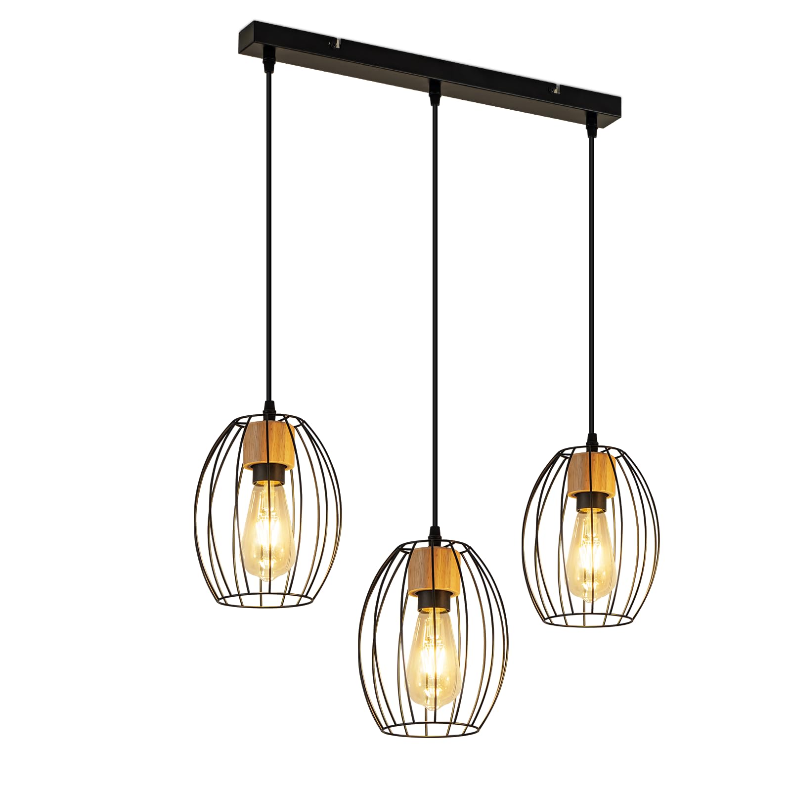 Hängelampe Vintage Pendelleuchte Esstisch - 3 flammig Esstischlampe | Hängend Schwarz Hängeleuchte Metall & Holz E27 Retro Pendellampe für Wohnzimmer Schlafzimmer Küche (Ohne Leuchtmittel)
