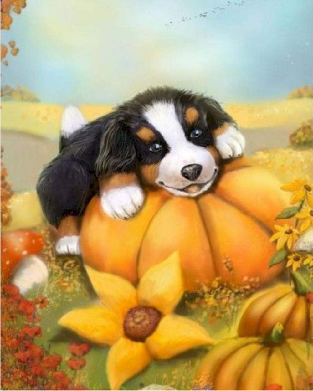 Peinture par numéros adulte chien et citrouille kit complet avec toile 40x50cm et acrylique