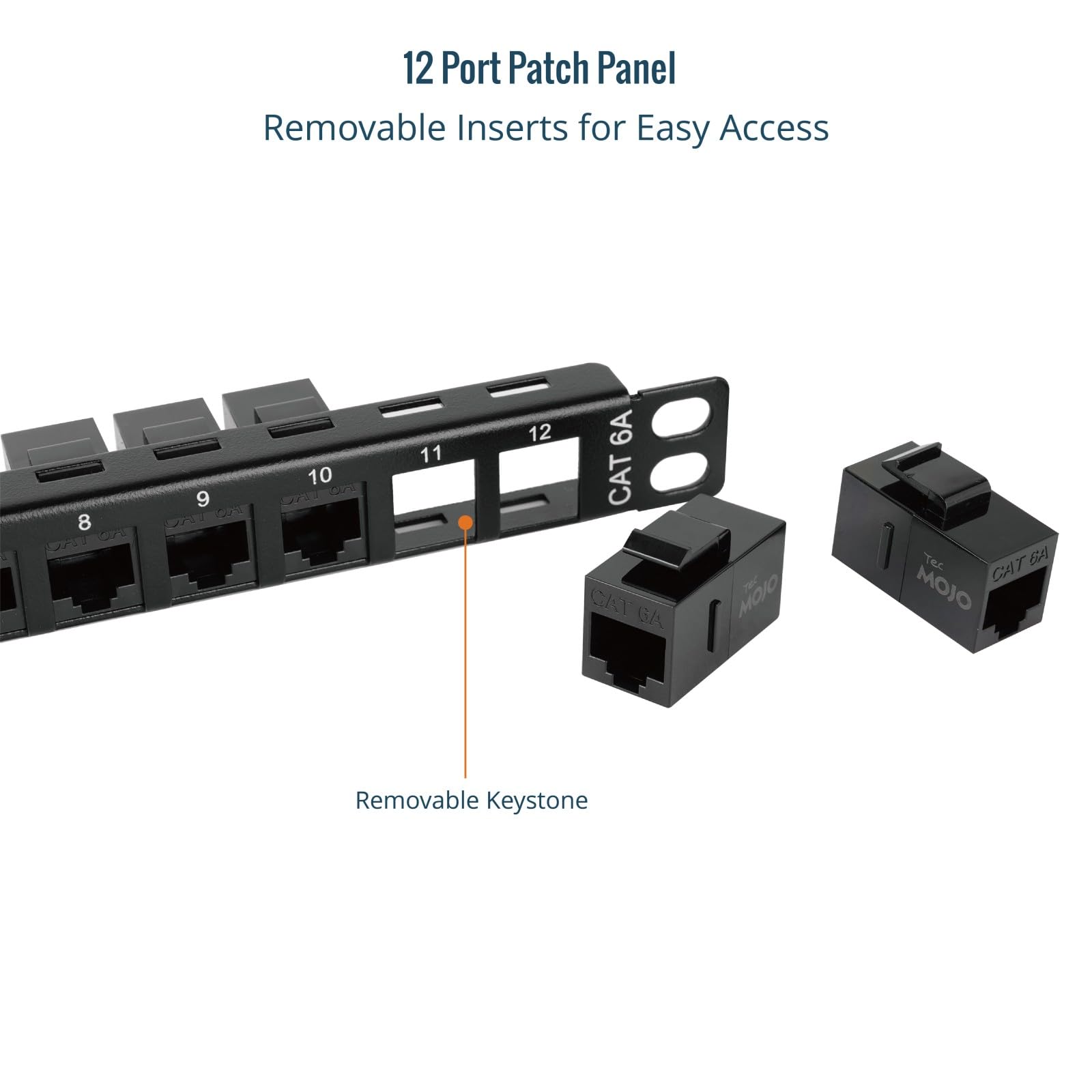 Tecmojo 10 Pollici 0,5U Pannello di Permutazione a 12 Porte Cat6A, Pannello Modulare per Montaggio su Rack con Connettori Keystone RJ45, 10 Gigabit Ethernet, Nero