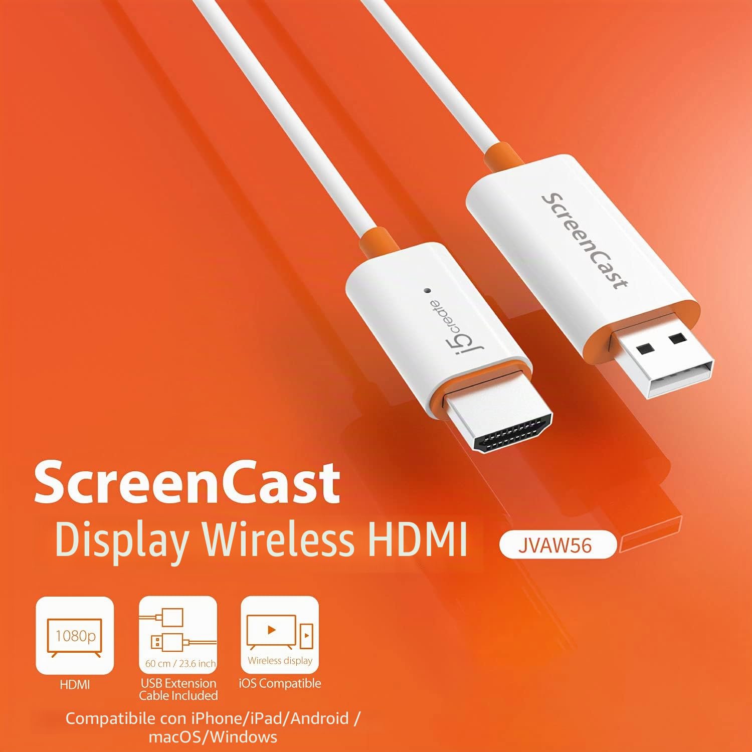 j5create ScreenCast HDMI Ricevitore adattatore wireless per display-Mirroring di telefono, tablet, laptop su HDTV-Compatibile con MiraCast, AirPlay, Android, Windows 10 PC, iOS, iPhone, Tablet(JVAW56)
