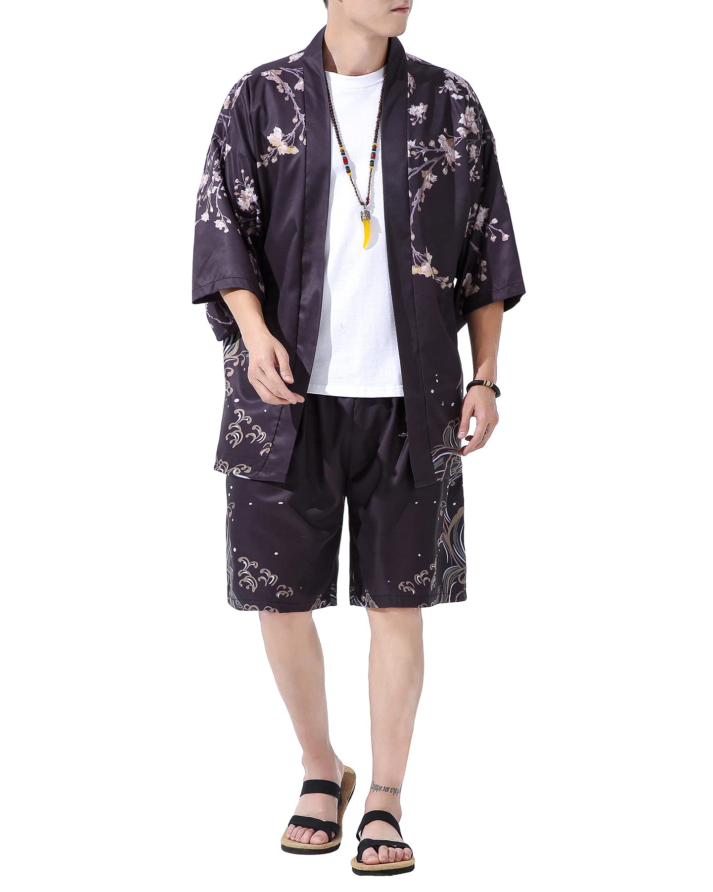 PRIJOUHEMen's Japanese Style Kimono Tops Pants Sets Lightweight Casual Seven Sleeves Open Front Cardigan & Shorts