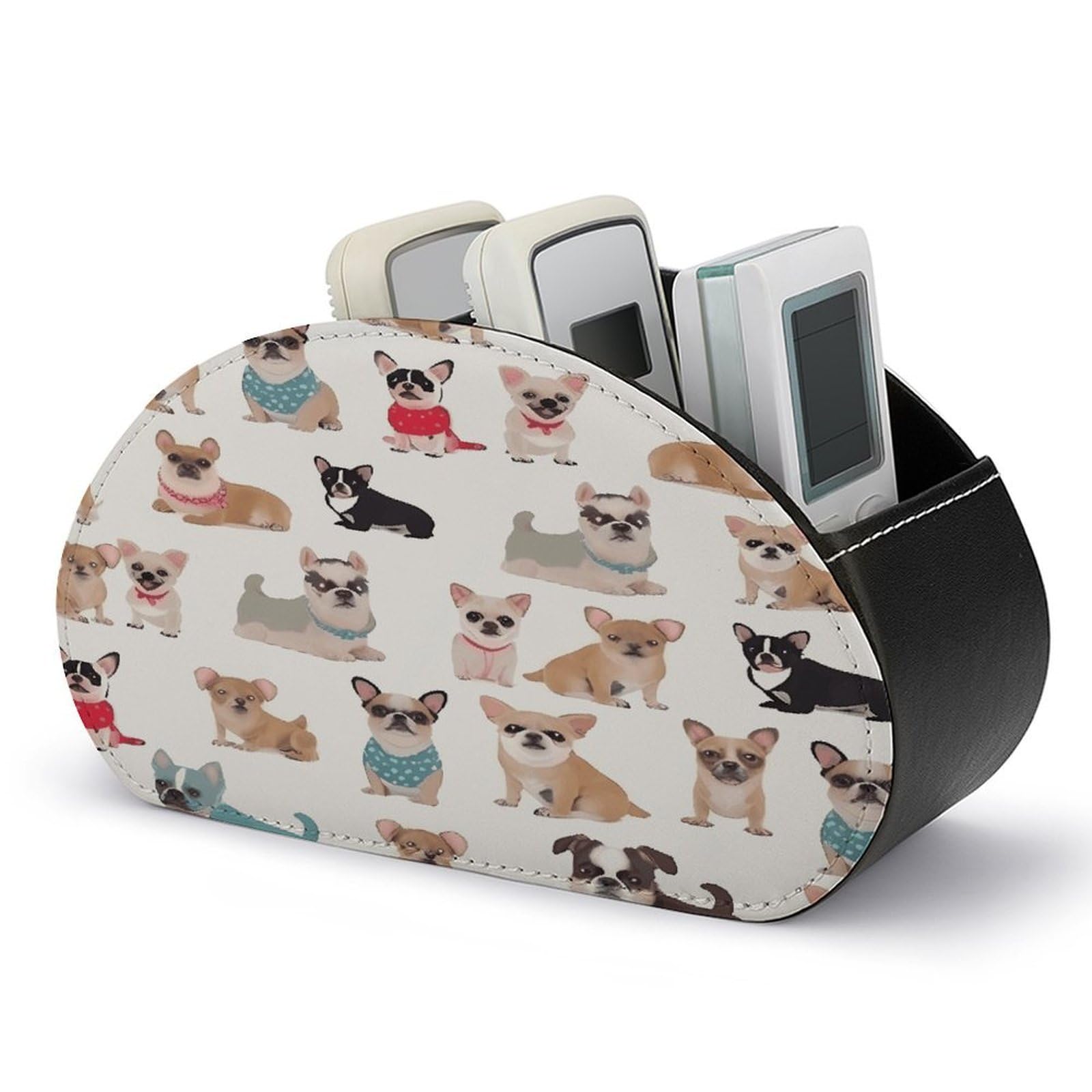 FekiLoot Cute Chihuahua Pug Pattern TV Remote Control Holder with 5 Compartments Multi-functional Leather Bedside Table Remote Caddy Desktop Storage Box for Store Pen Controller Media Player Cosmetic