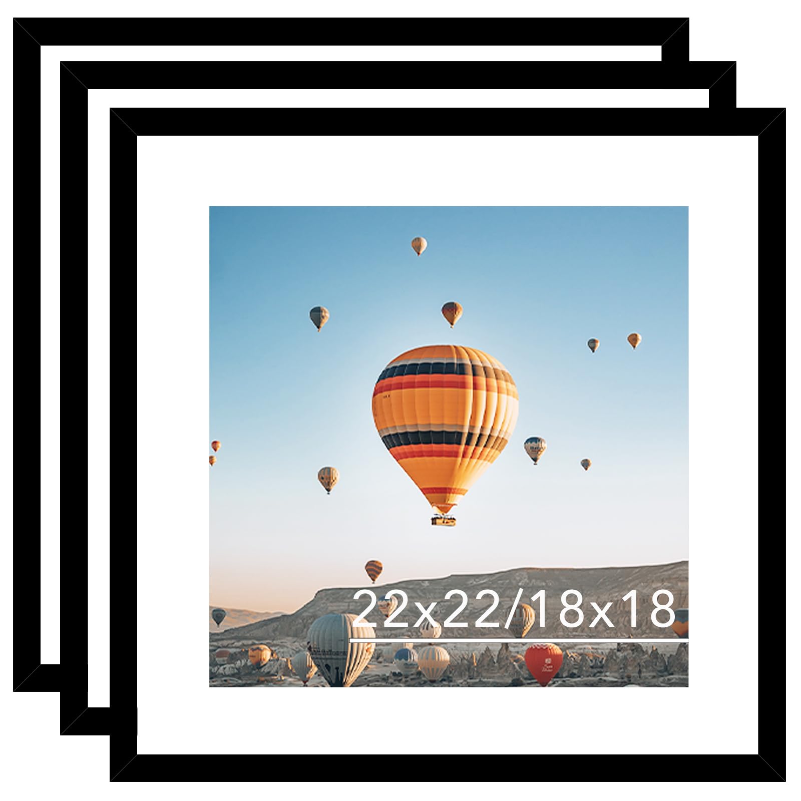 jcjmy 22x22 picture frame set of 3 black with 18x18 mat, display photo 18x18 with mat or 22 x 22 without mat, wall hanging large 22x22 poster frame with shatter resistant plexiglass, 3 pack, black