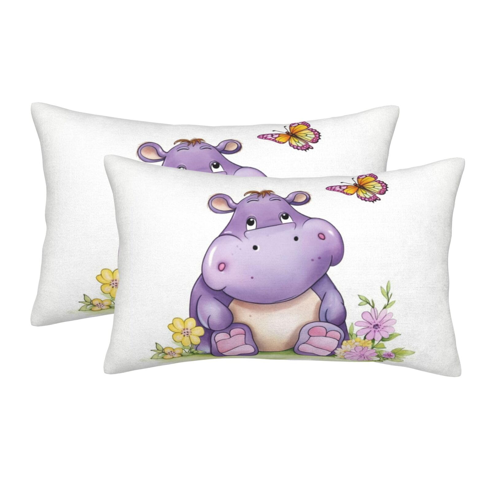 2 Pack Standard Size Pillow Cases for Hair and Skin Soft Breathable Pillow Case Covers with Hidden Zipper Butterfly and Hippo Pillowcase 14"x20" Pillow Cover for Sleeping Gift