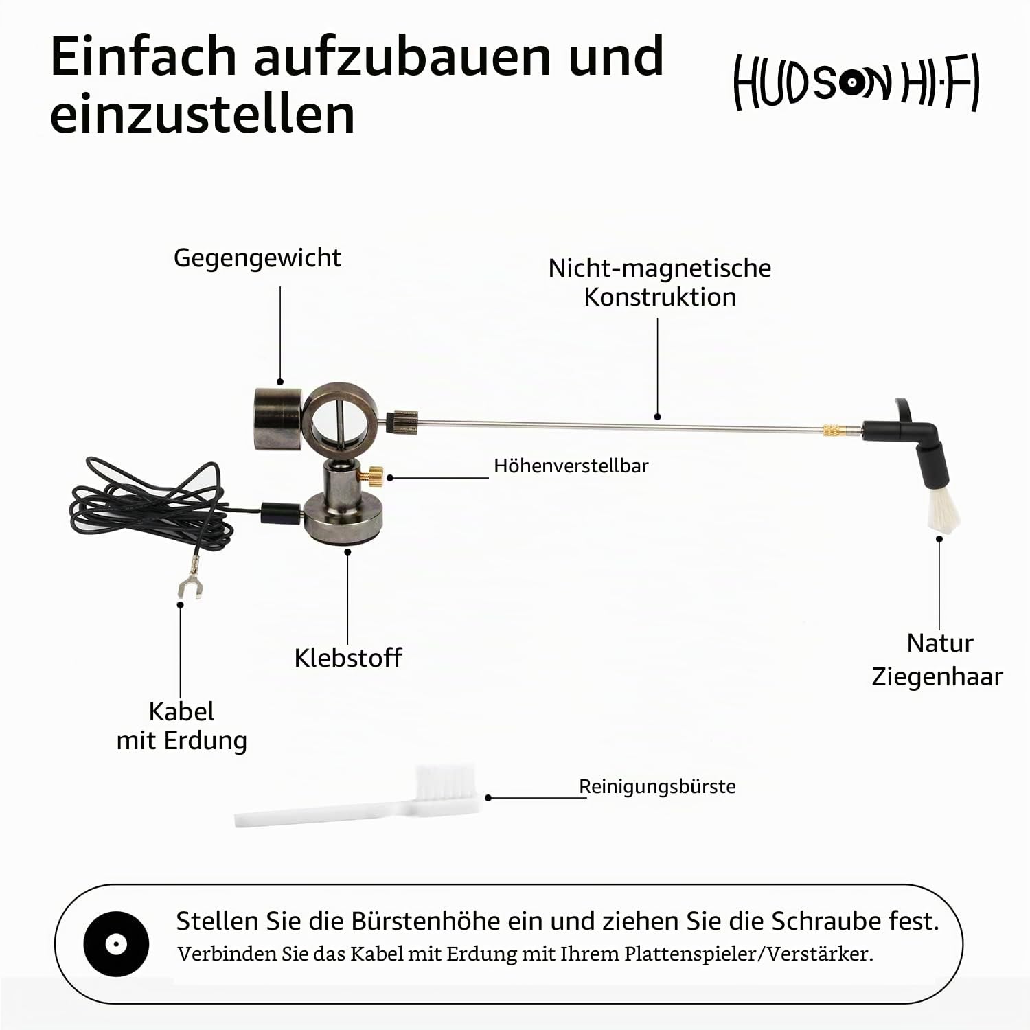 Hudson Hi-Fi Schallplattenreiniger Antistatische Bürste - Schallplattenreinigung Arm Bürste Reiniger Antistatische LP Reinigungsbürste - Plattenspieler Reinigung Schallplattenbürste transparent