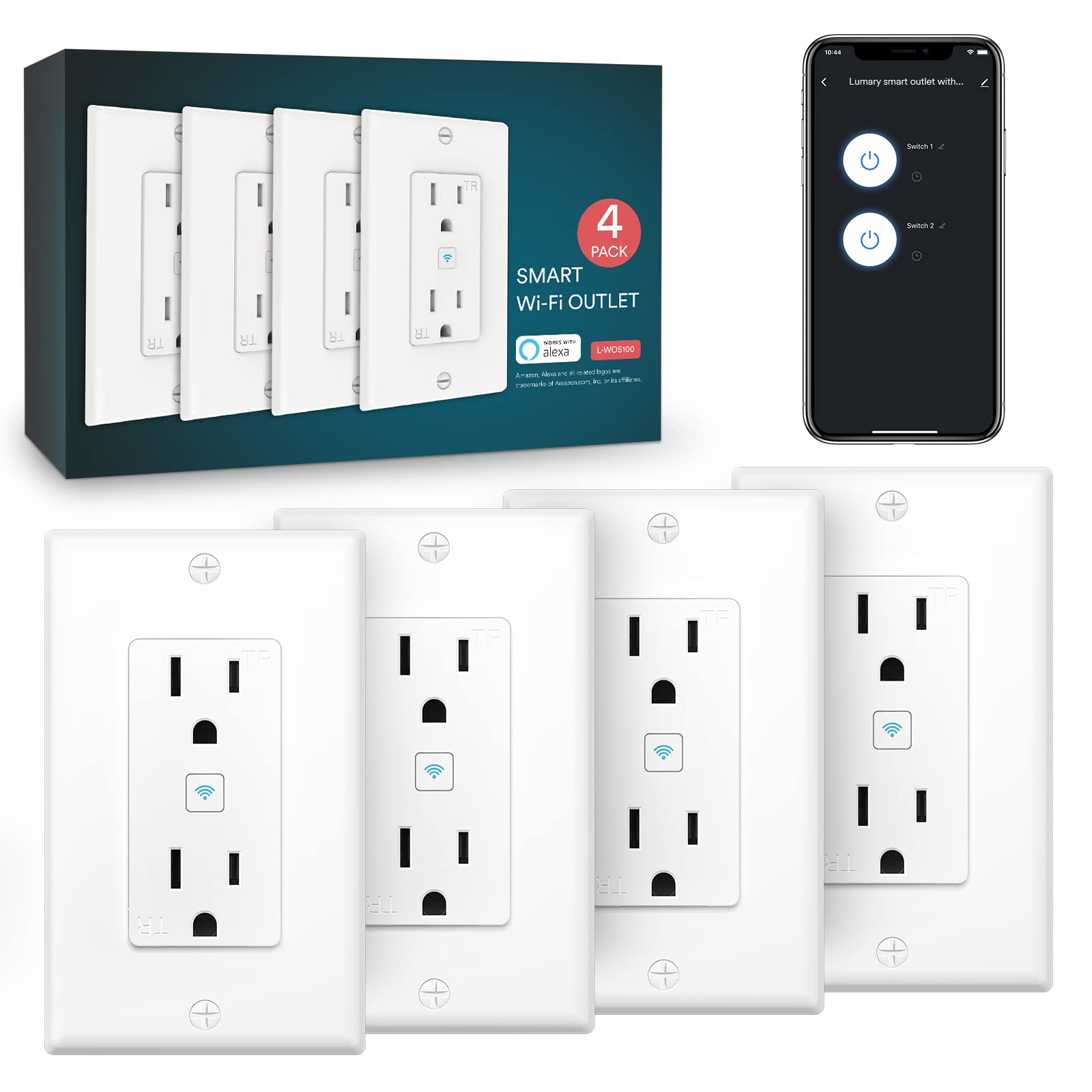 Smart Outlet with 2 Individually Controlled Plugs, 2.4 GHz WiFi Outlet, Standard Electrical Outlets Work with Alexa, Google Home Smart Wall Outlet, 4 Packs