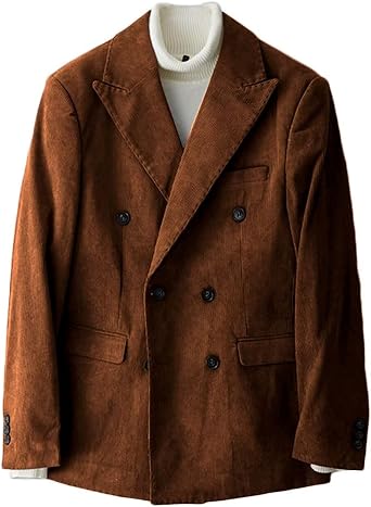 Corduroy Double Breasted Blazer Jacket for Men Slim Fit Peak Lapel Wedding Business Formal Sport Coats