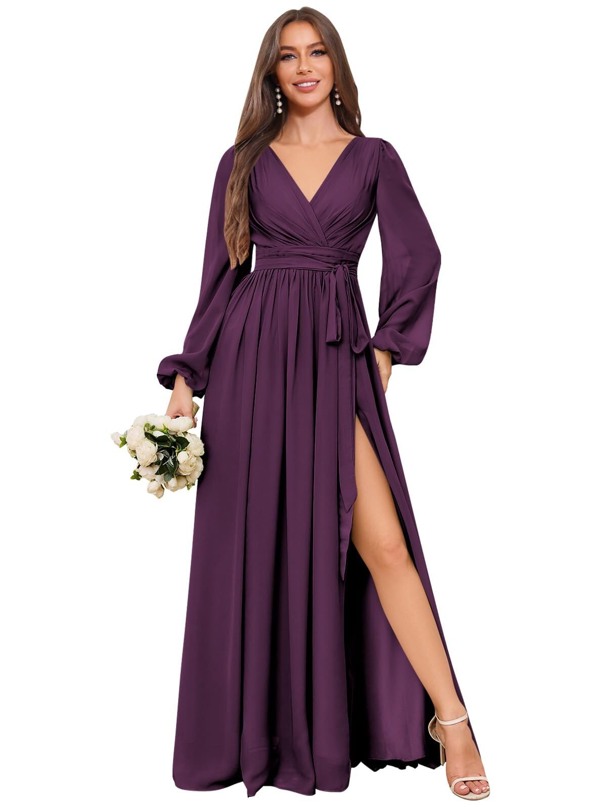 Long Sleeve Bridesmaid Dress Long Chiffon Wedding Guest Dress Formal Evening Party Dress for Women with Slit