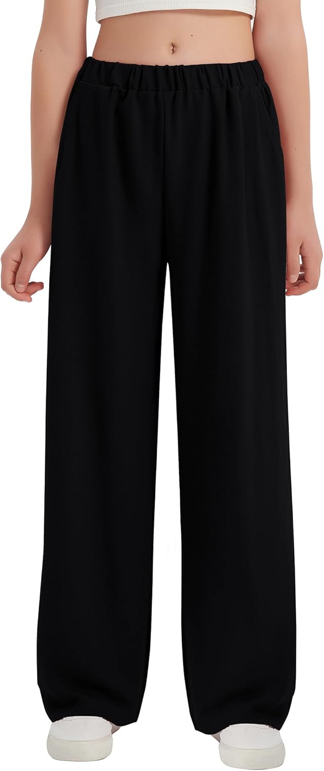 EXARUS 3 Pack Girls Wide Leg Pants Loose Trousers Linen Flowy with Pockets Elastic Waist Casual for Kids 6-12Y - Image 2