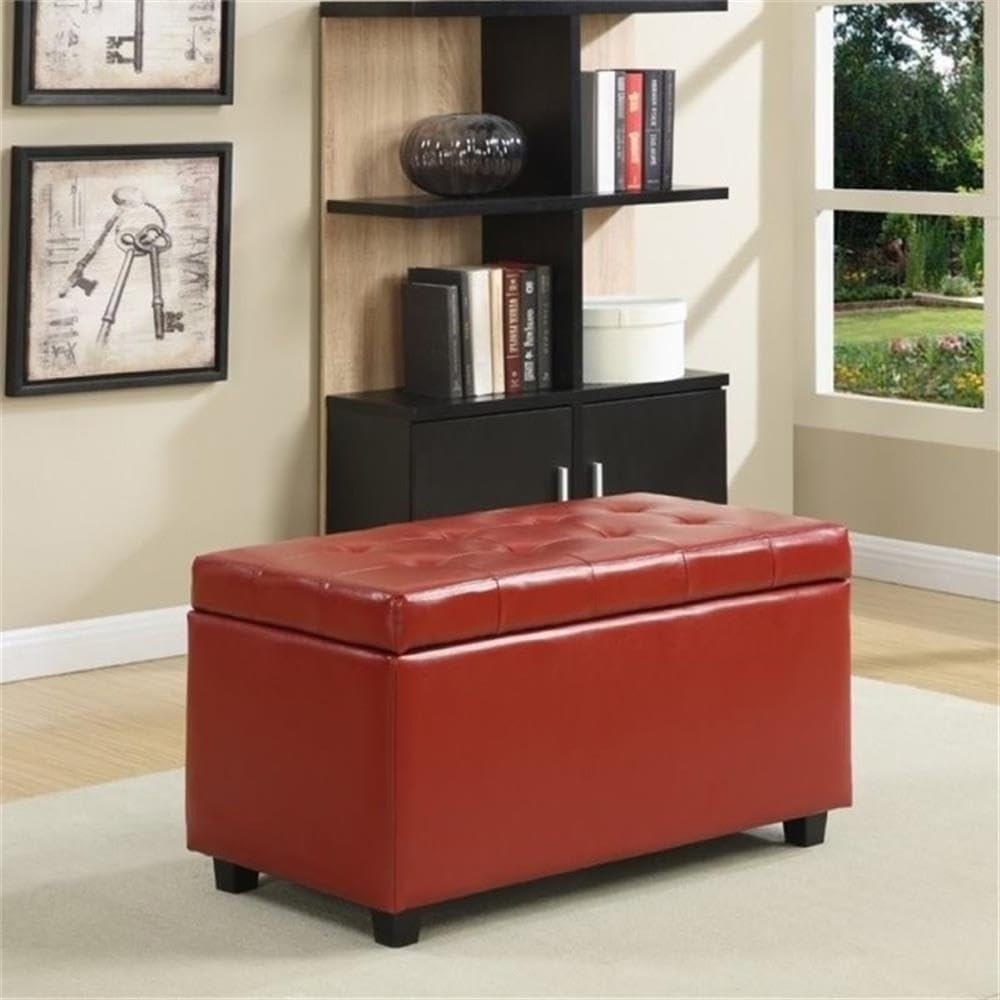 SIMPLIHOME Cosmopolitan 34 inch Wide Transitional Rectangle Storage Ottoman in Red Vegan Faux Leather, Assembled, For the Living Room, Entryway and Family Room