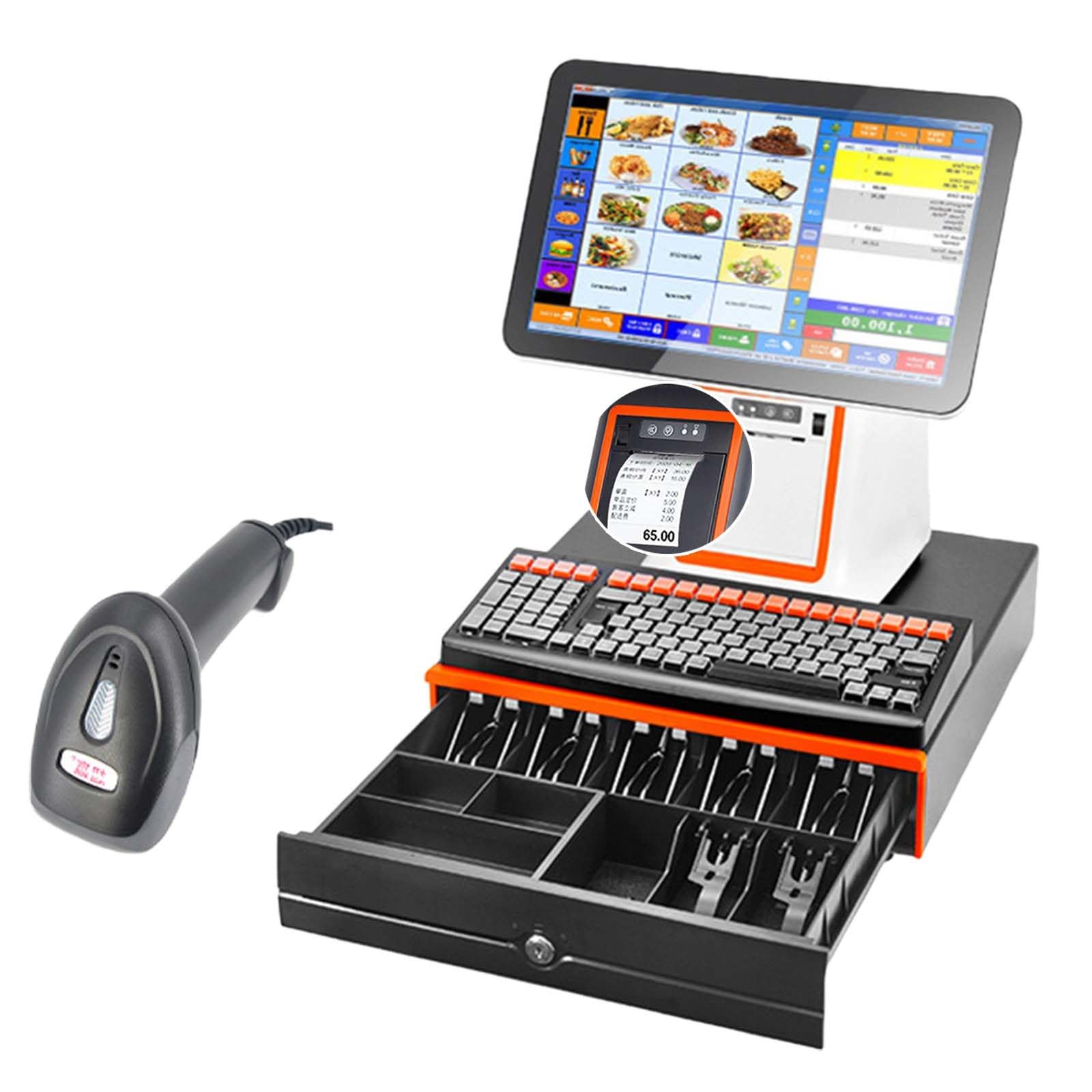 Registratore di Cassa Professionale all-in-One da 15,6" per Piccole Imprese, con Touch Screen Singolo/Doppio, cassetto Contanti, Lettore Codici a Barre, Stampante White-Single
