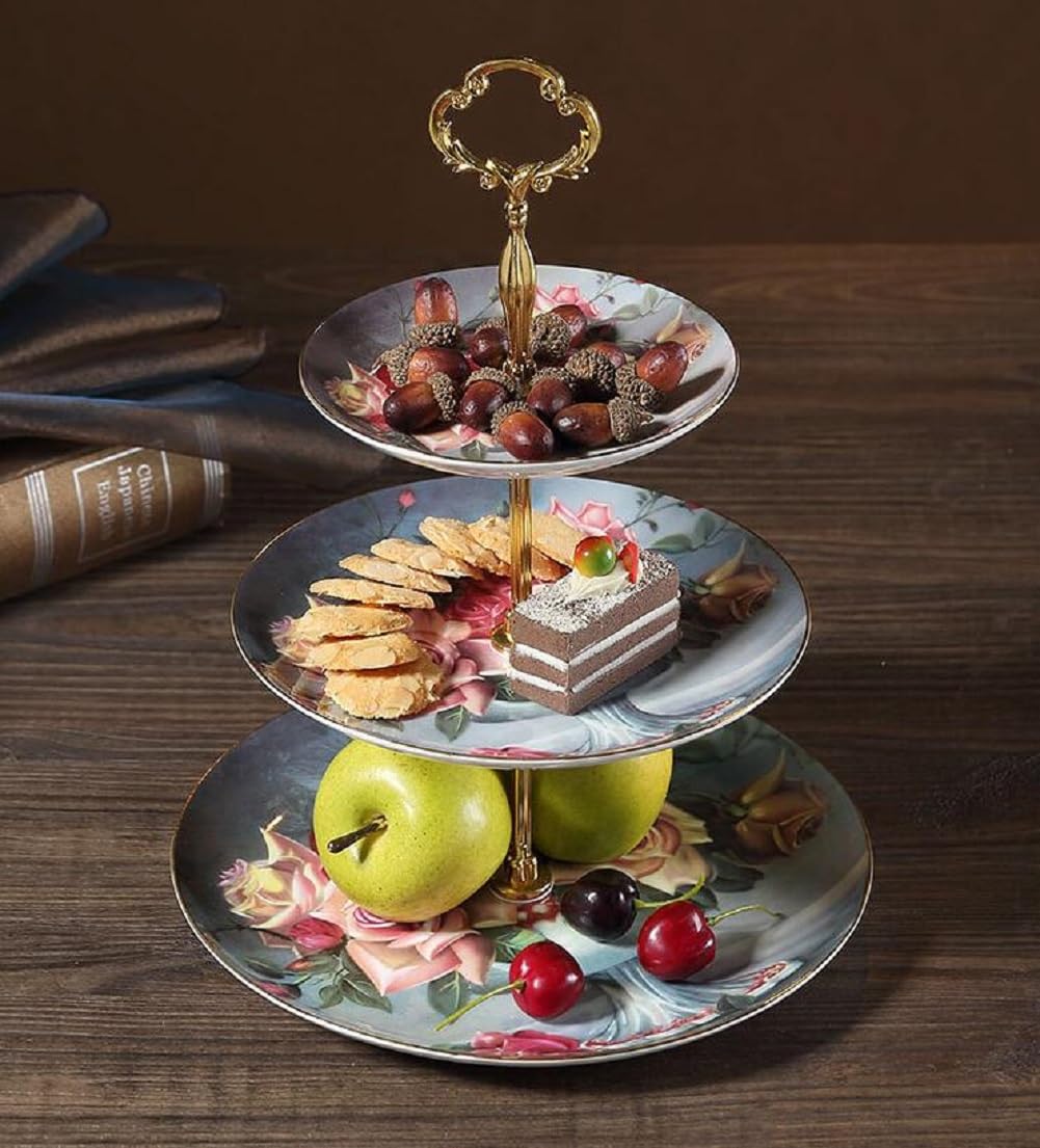 Miska na owoce na blat kuchenny, 3-poziomowe ceramiczne miski do serwowania z metalowym stojakiem, wielopoziomowy kosz do przechowywania owoców, warzyw, przekąsek, orzechów, ciast i deserów