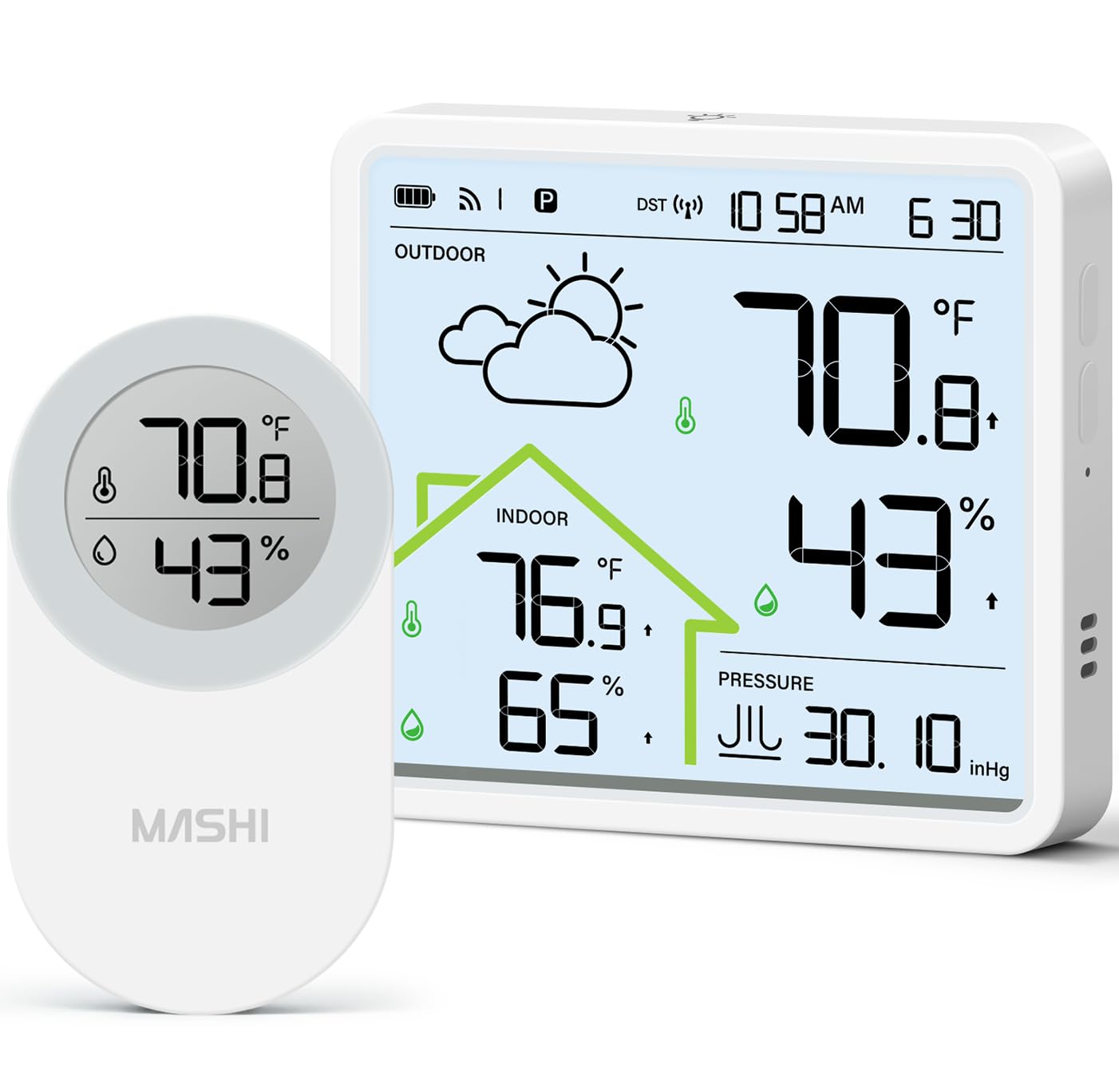 MASHI Indoor Outdoor Thermometer Wireless Weather Station,Inside Outside Thermometers Hygrometer Monitor,4.3" Display Home Weather Stations with Atomic Clock,USB-C Powered,Backlight,Weather Forecast