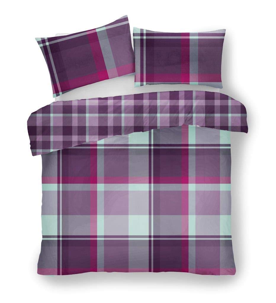 LionsCheck Bedding Set - Bed Duvet Covers Double Size with Matching Pillowcase, Ultra Soft Reversible Poly Cotton Quilt Covers, Button Closure, 200x200cm, Waverly Purple