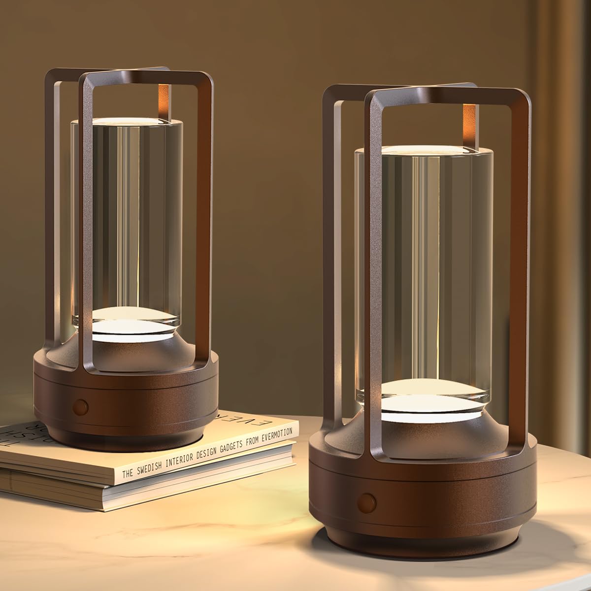 Hapfish 2 Piezas Lámpara de mesa LED recargable sin cable, lampara de mesa inalámbrica, regulable, 3 modos de color, lampara mesita noche de metal, para exterior, restaurante, dormitorio, mesita