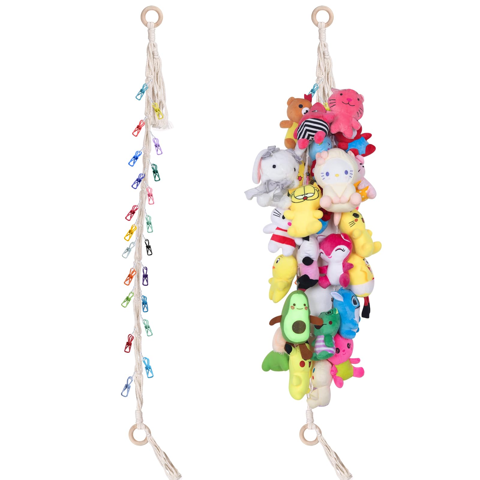 YJWZWE Stuffed Animal Storage Chain 78inch Hanging Stuff Animals Organizer with 20 Clips Macrame Wall Toy Storage Decor for Bedroom Display