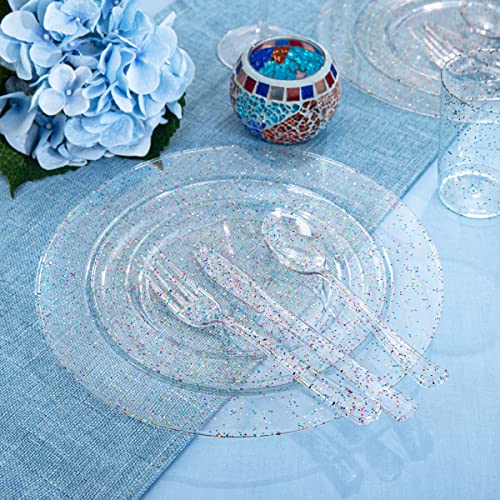 Rubtlamp 180Pcs Glitter Plastic Plates With Glitter Disposable Silverware, Clear Glitter Plates For 30 Guests Include 30Dinner Plates, 30Dessert Plates, 90Cutlerys, 30Cups For Party Spring Easter #TOP4