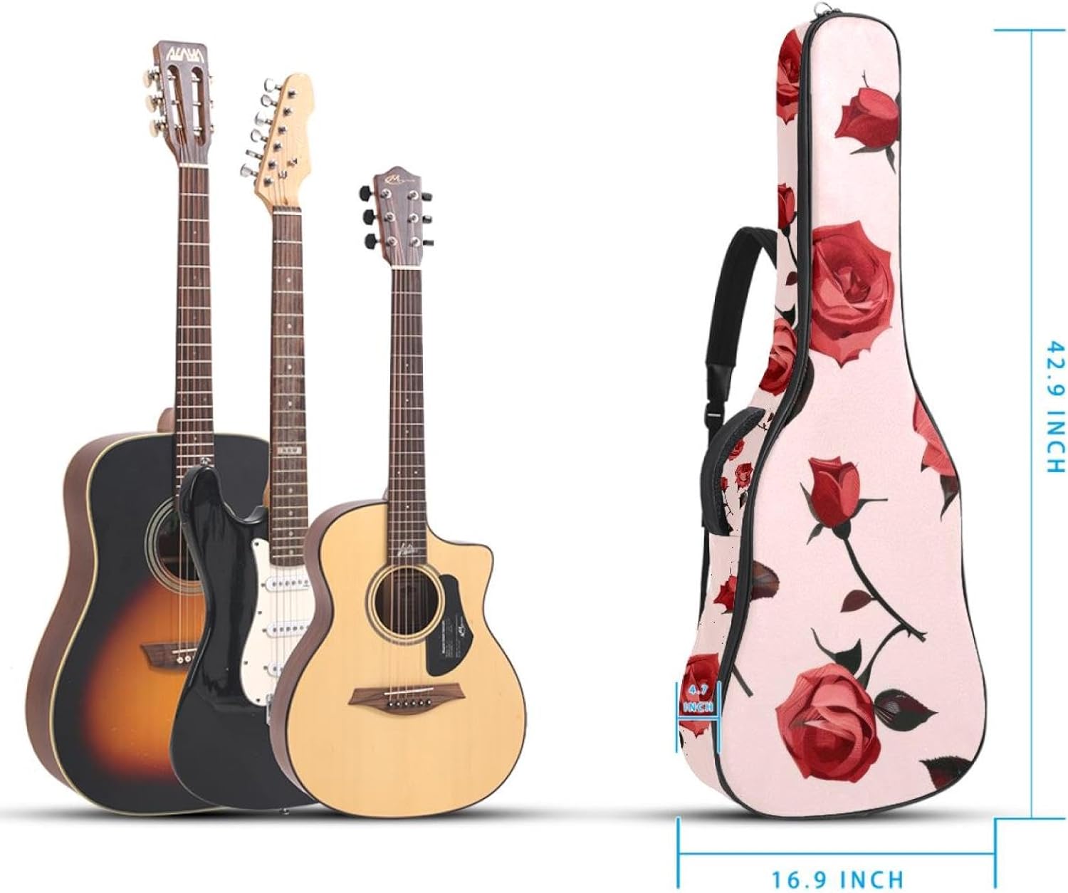 40 41 42 Inch Guitar Bags, Waterproof Padded Acoustic Guitar Case Backpack with Adjustable Shoulder Strap & Pockets, Rose Flowers Seamless Pattern