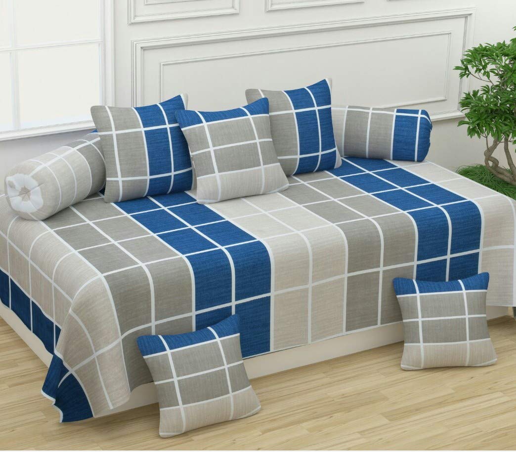 Diwan Cotton Single Bedsheet with Cushions for Living Room 5 and boosters 2 Pieces - Set of 8 Combo (Blue Grey)(Design 034)-image-1