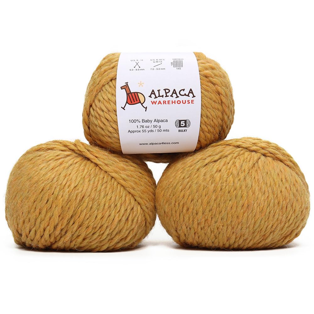 100% Baby Alpaca Yarn Wool Set of 3 Skeins Bulky Weight - Made in Peru - Heavenly Soft and Perfect for Knitting and Crocheting (Golden Yellow, Bulky)