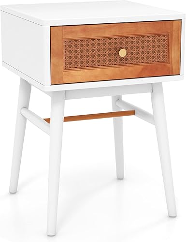 Miniatura 18 de Giantex Juego de 2 mesitas de noche de ratán, mesa auxiliar bohemia con cajón de almacenamiento decorado de ratán y patas de madera maciza, mesa de