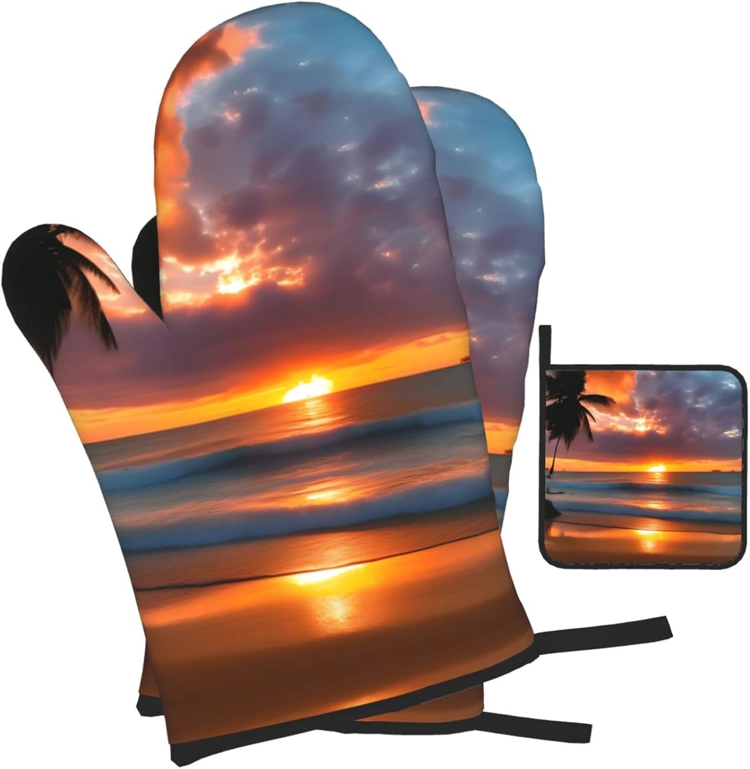 Sunset Beach Print Heat Resistant Microwave Gloves, Used for Baking, Cooking, and Fashion Kitchen Essentials