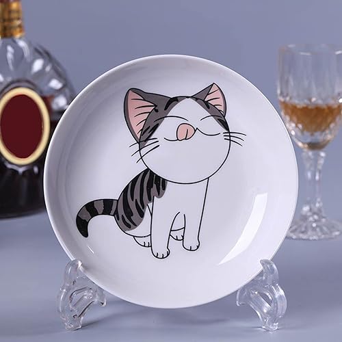 Miniatura 5 de Juego de 5 platos de cerámica con bonito diseño de gato, platos llanos grandes de porcelana para ensalada de postre de 7.28 pulgadas, platos de