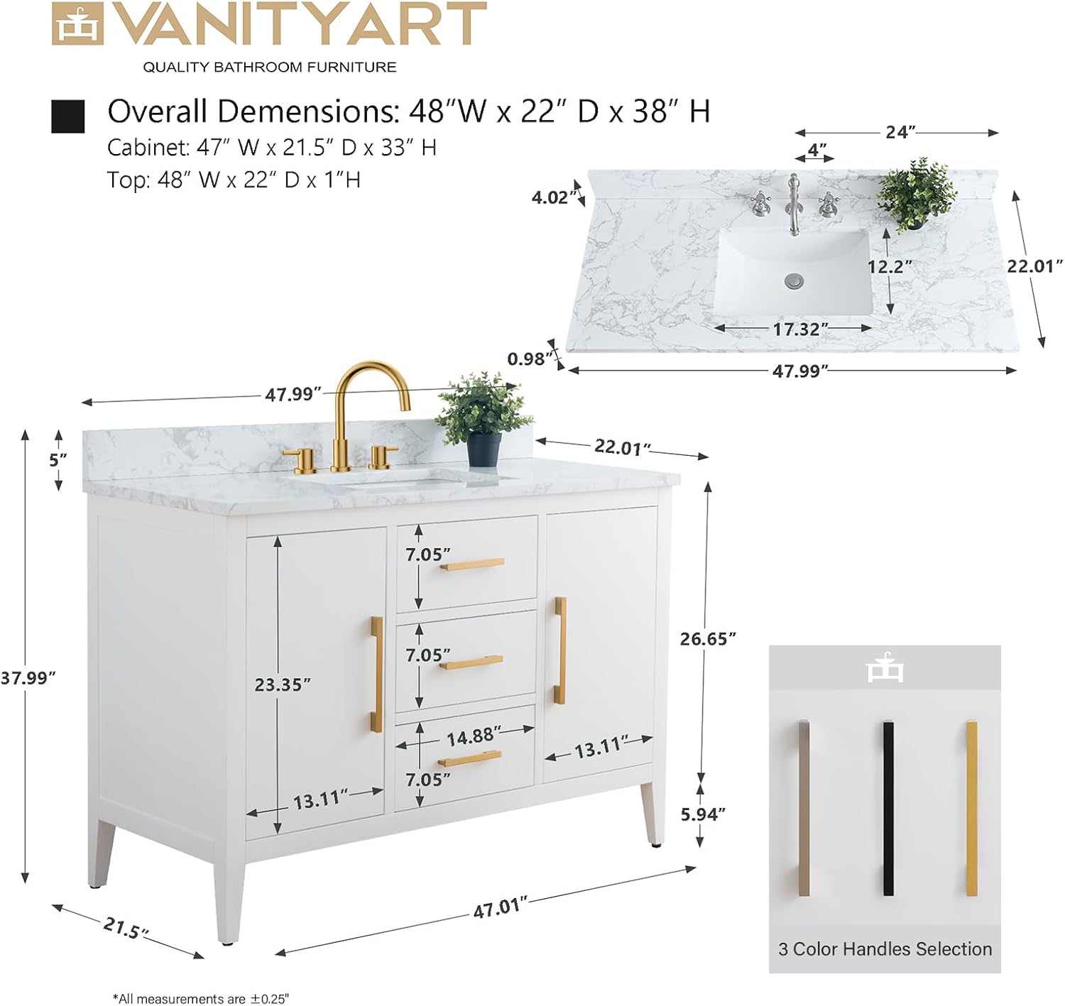 Vanity Art 48 inch Bathroom Vanity with Single Sink & Ceramic Top, Vanity Cabinet with Soft-Closing Doors, Drawers, Solid Wood Frame, White, Brushed Nickle Handware