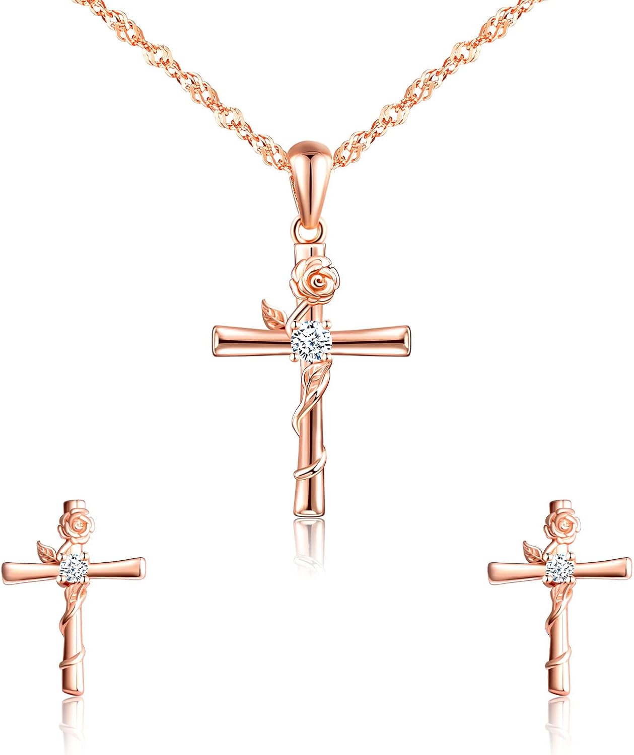 Yumilok Zircon Rose Cross Necklace And Earring Sets for Women Sterling Silver Cross Pendant Stud Earrings Jewelry Set Small Dainty Flower Necklace for Teen Friend Mom Her Birthday Aniversario Gift
